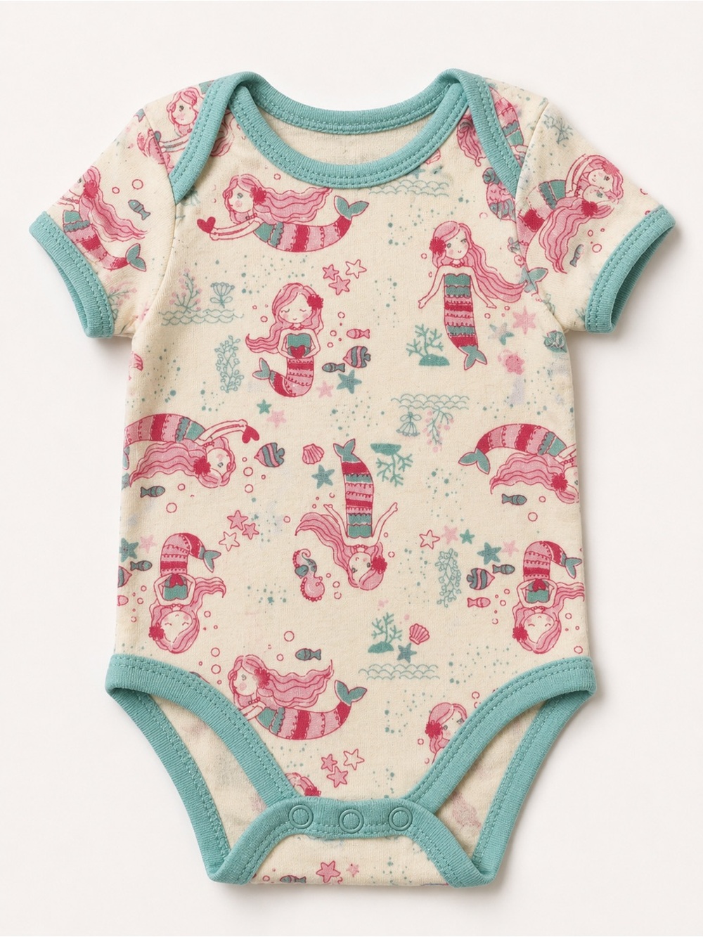Infant Mermaid Print One-Piece Bodysuit - Cream with Pink & Teal